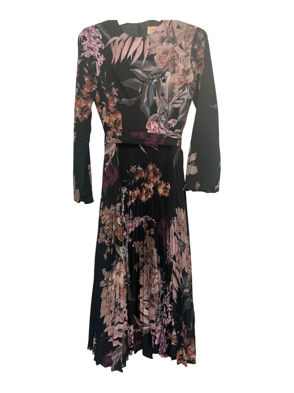 Floral Pleated Long-Sleeve Midi Dress